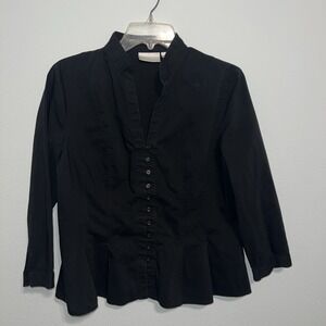 Worthington Stretch Button-Down Top Pleated Front Long Sleeve‎ Woman 12 Black